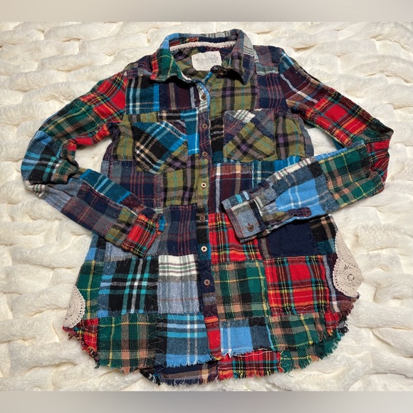 We The Free “Lost in Plaid” Patchwork Flannel Plaid Top with Lace Crochet Sides - Picture 11 of 16